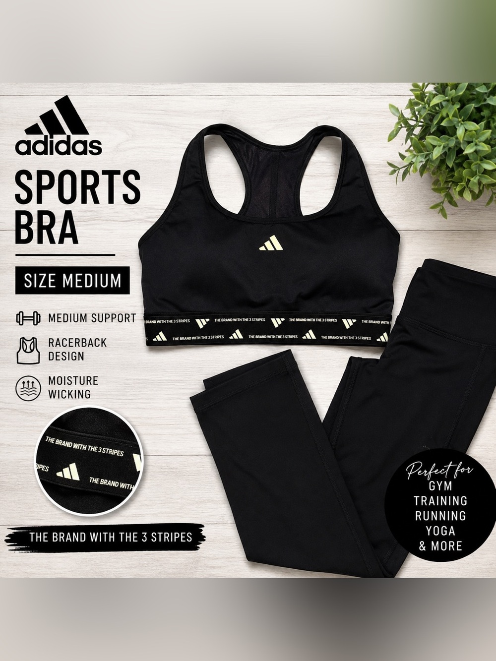 Adidas Black Medium Support Racerback Sports Bra Women’s Size M